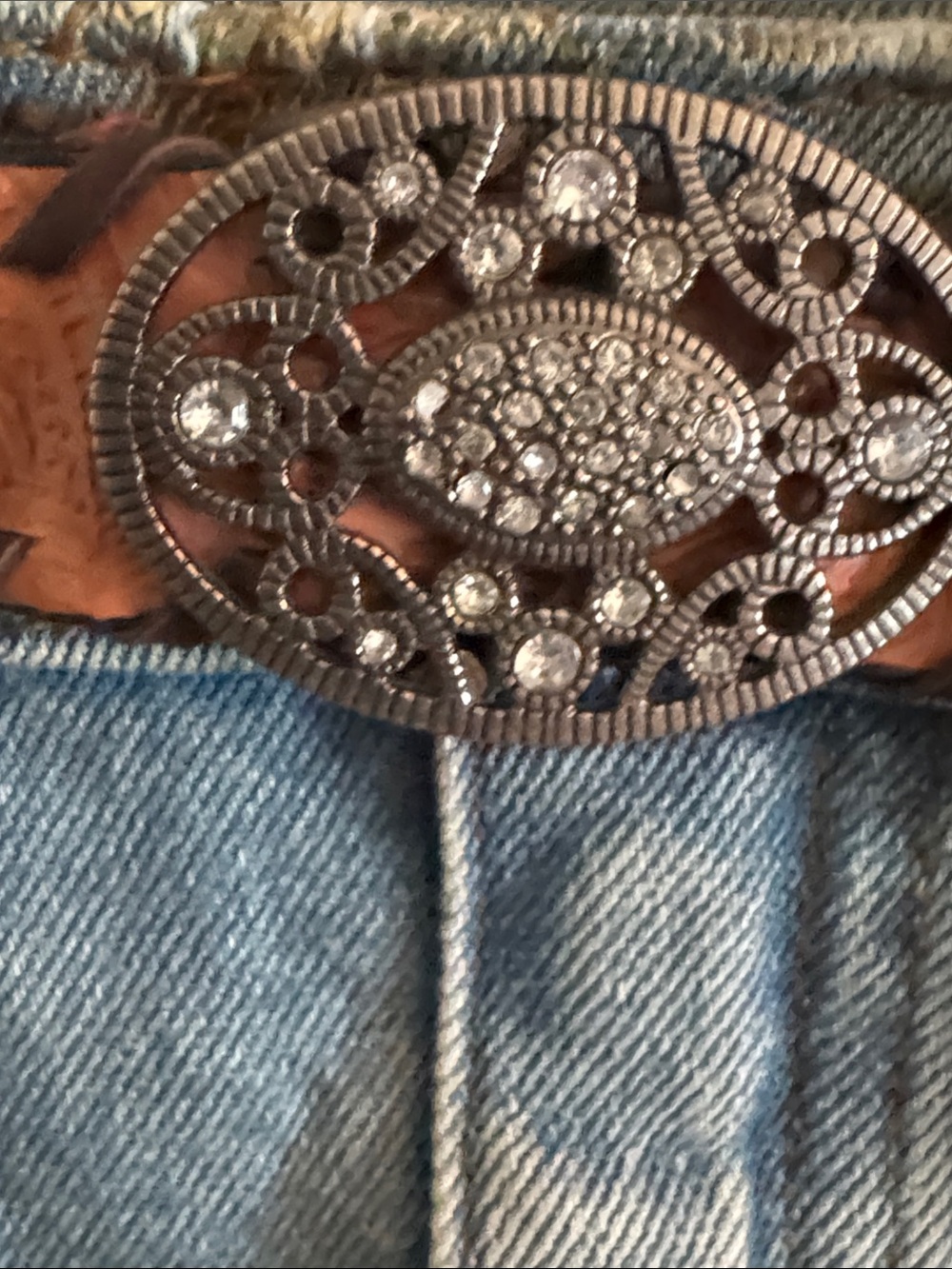 Denim Tote Shoulder Bag with Embossed Brown Trim - Picture 4 of 8